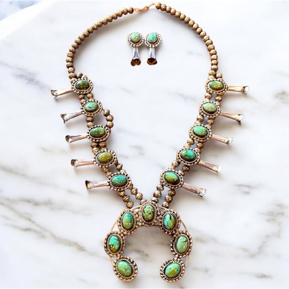 Bobby Etsitty Native American Squash Blossom Statement Necklace & Earrings